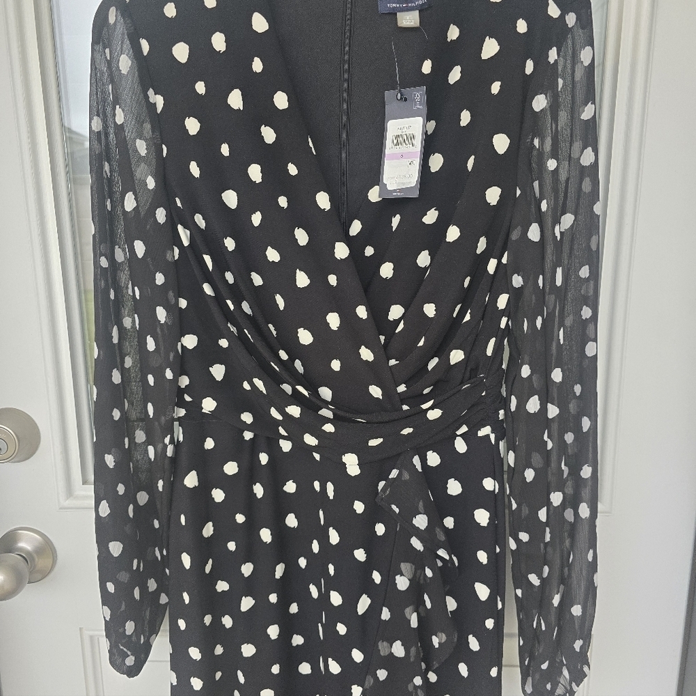Tommy Hilfiger Polka Dot Faux-Wrap Dress Sz 6 Long Sleeves Sheer Strecty - Picture 4 of 13
